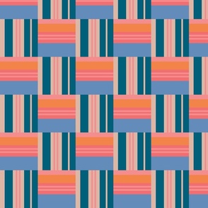 Warp and Weft Woven Abstract Geometric Checkerboard Horizontal Vertical Stripes in Blue Pink Orange Navy Indigo Cream -  MEDIUM Scale - UnBlink Studio by Jackie Tahara