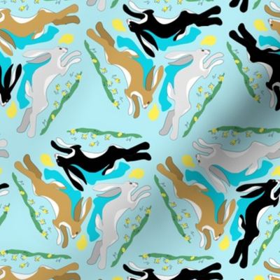 1950s Hares Running in Triangles on Sky Blue
