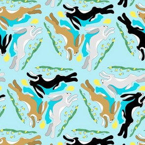 1950s Hares Running in Triangles on Sky Blue