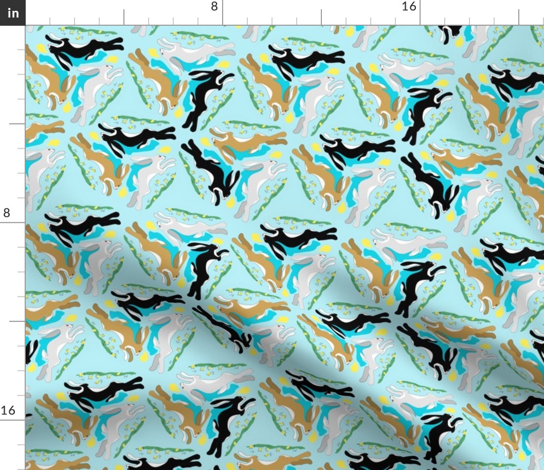 1950s Hares Running in Triangles on Sky Blue