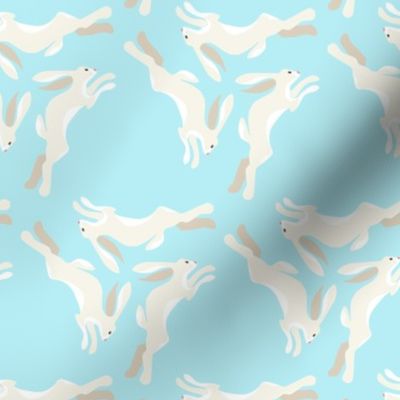 1950s Cream Colored Hares Running in Triangles on Blue
