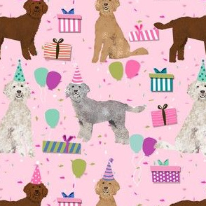 golden doodle birthday dog fabric - birthday party, birthday dog, birthday, golden doodle fabric, doodle dog fabric - pink