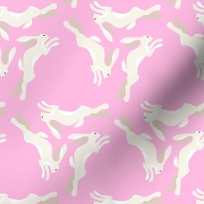 1950s Cream Colored Hares Running in Triangles on Pink
