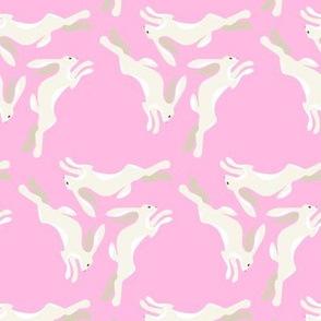 1950s Cream Colored Hares Running in Triangles on Pink