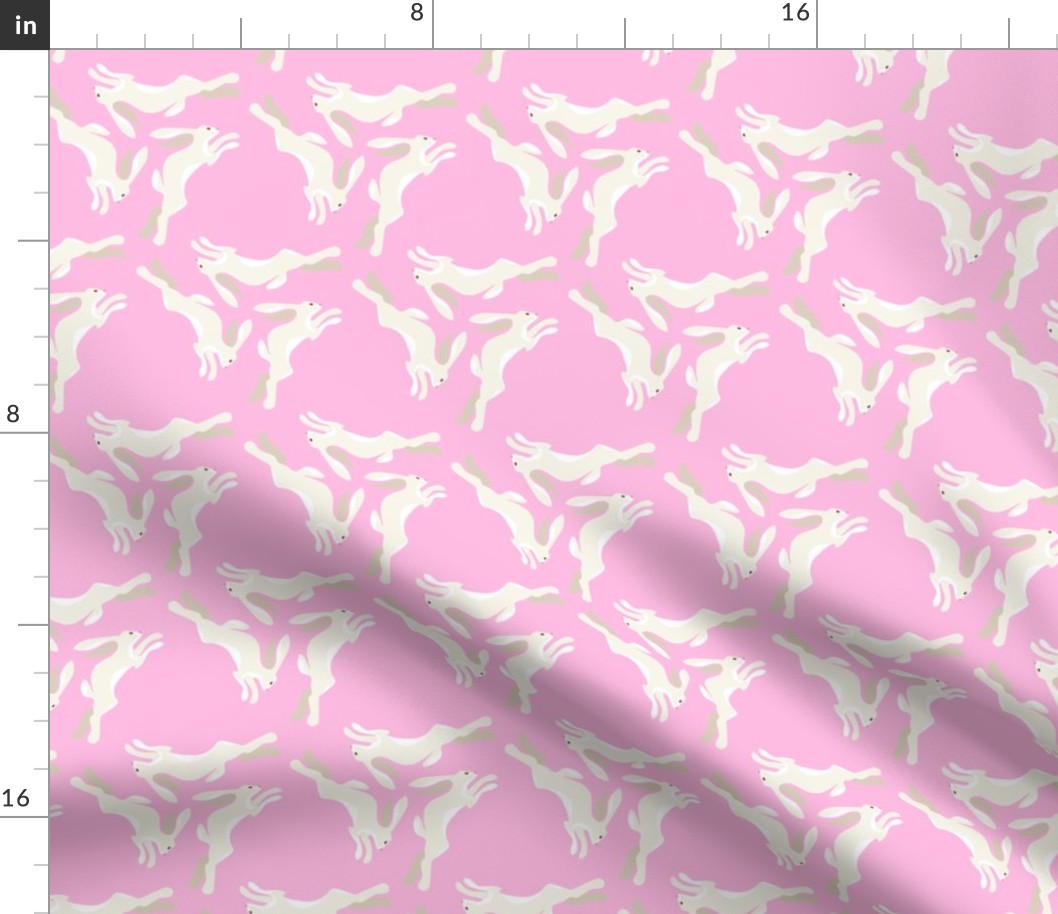 1950s Cream Colored Hares Running in Triangles on Pink