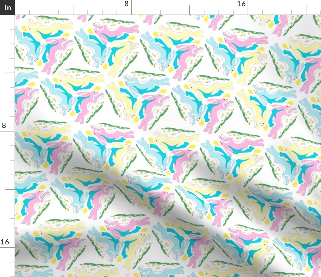 1950s Baby Pink Blue and Yellow Hares Running in Triangles