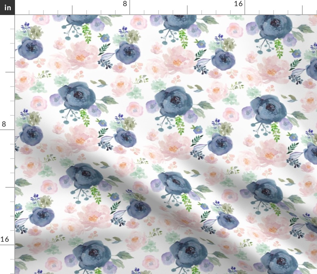 navy and peach floral fabric