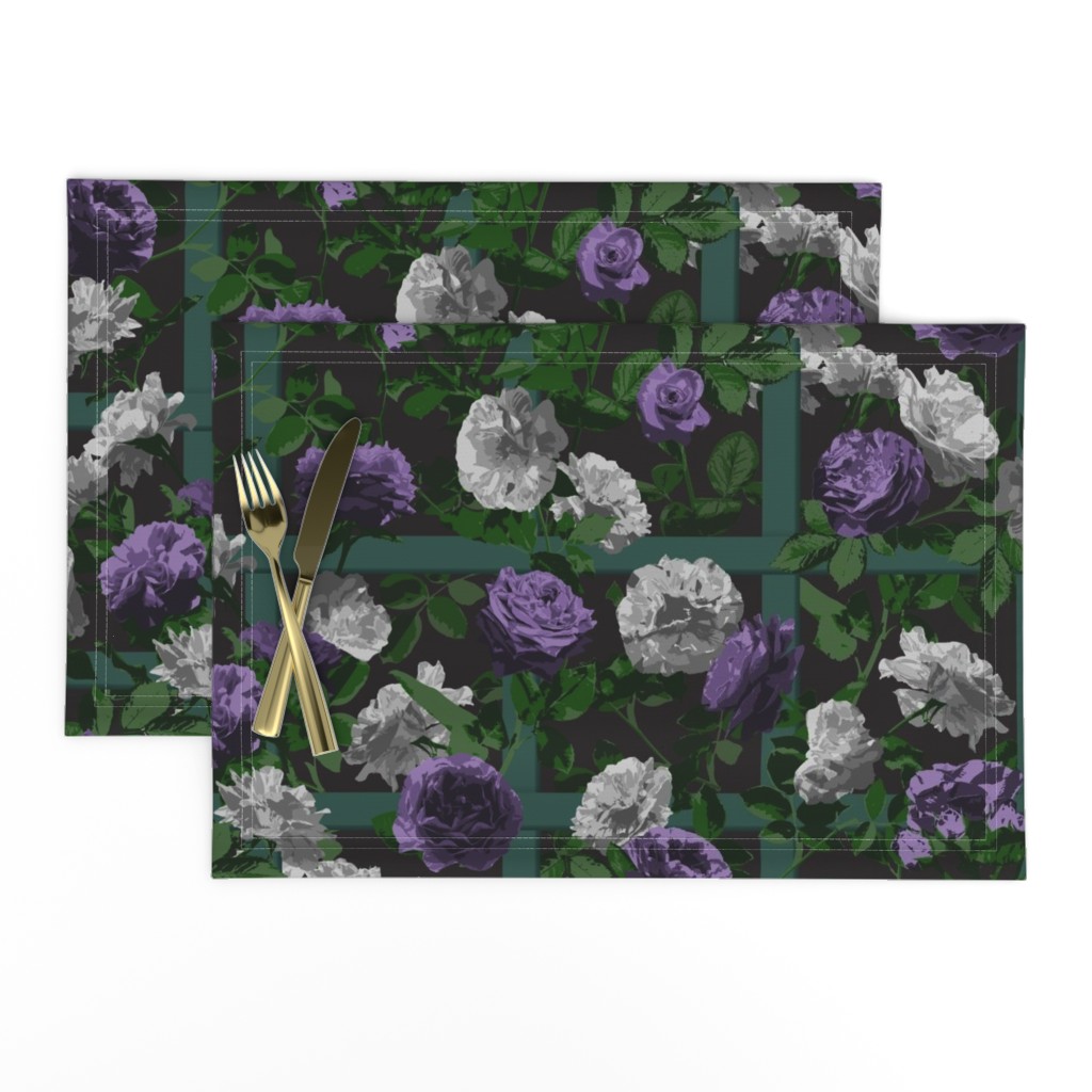 Rose Vines on Lattice - Purple Grey Black