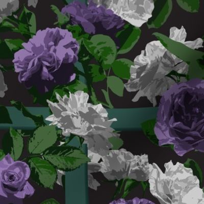 Rose Vines on Lattice - Purple Grey Black