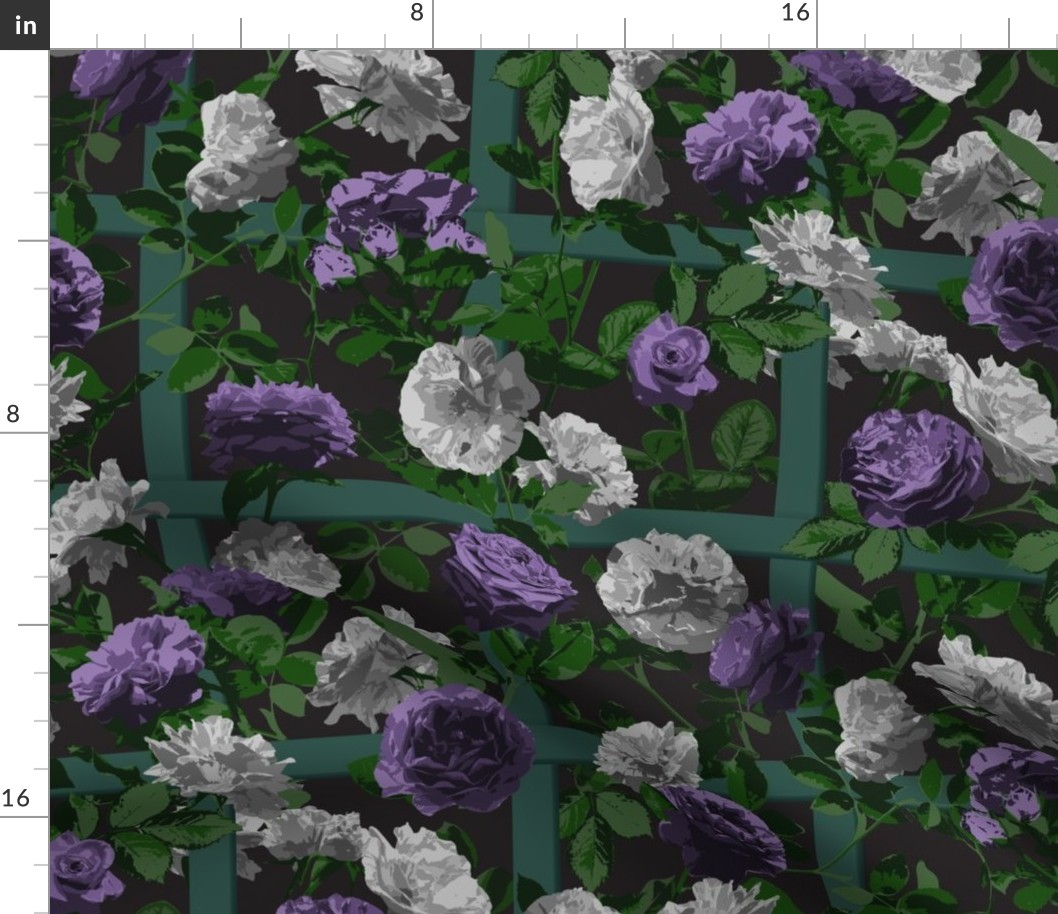 Rose Vines on Lattice - Purple Grey Black