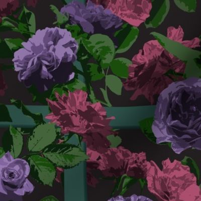 Rose Vines on Lattice - Purple Pink Black