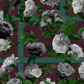 Rose Vines on Lattice - Black Grey Burgundy