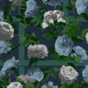 Rose Vines on Lattice  - Blue Grey