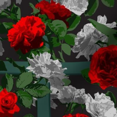 Rose Vines on Lattice - Red Grey Black
