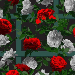 Rose Vines on Lattice - Red Grey Black