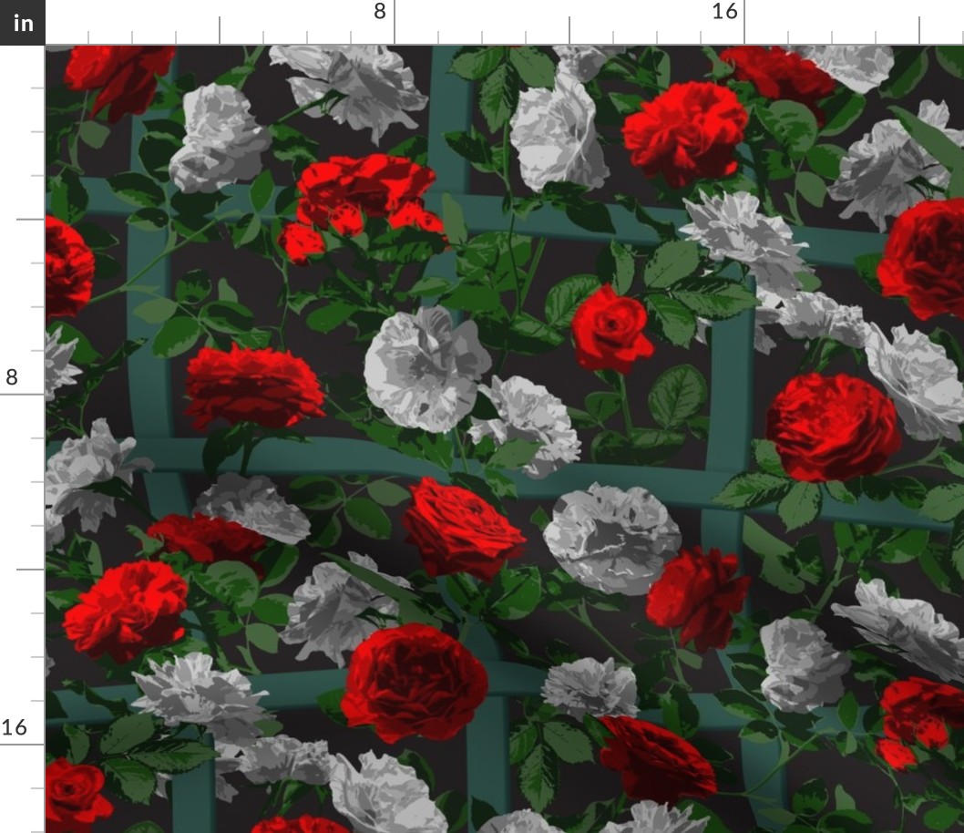 Rose Vines on Lattice - Red Grey Black