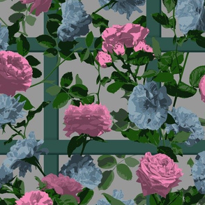 Rose Vines on Lattice - Pink Blue Grey