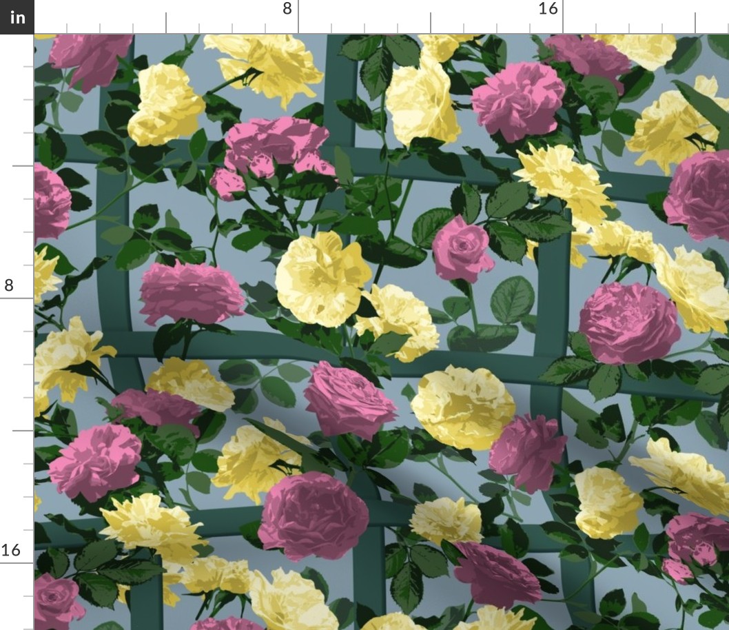 Rose Vines on Lattice - Pink Yellow Blue 