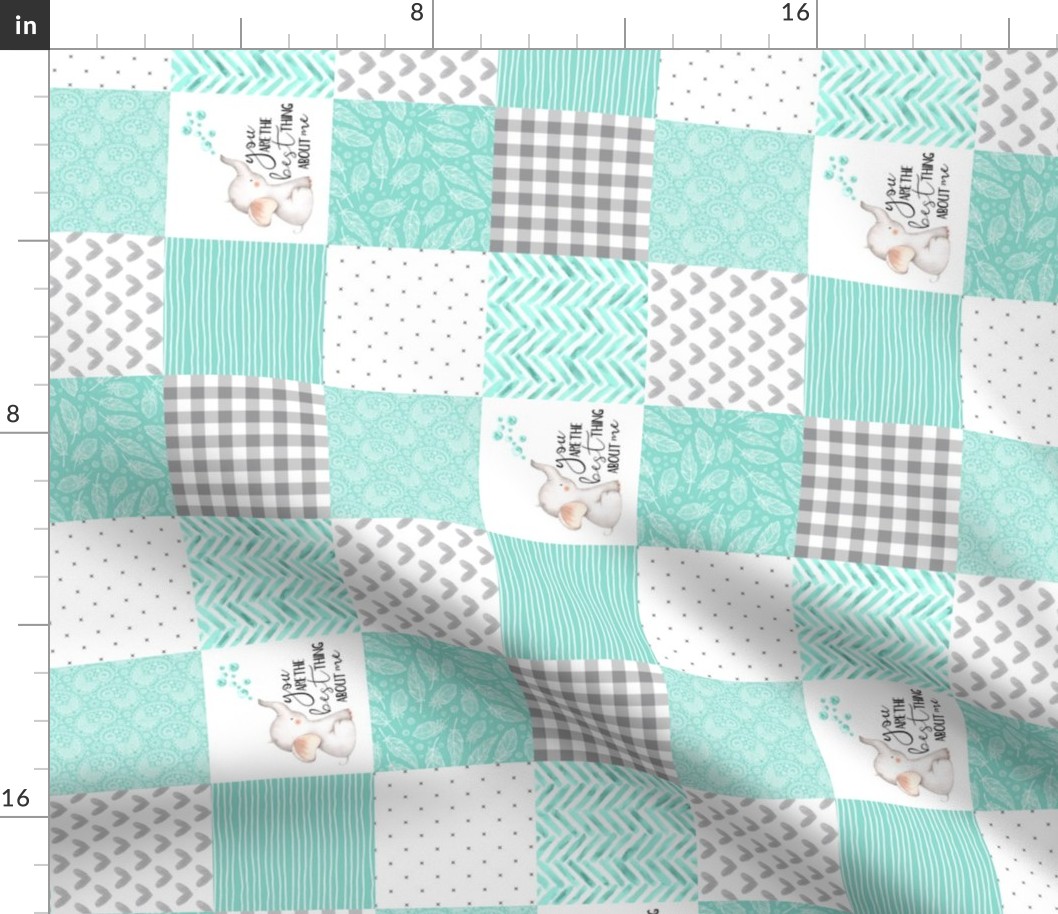 3 inch Elephant//You are the best thing about me// Teal - Wholecloth Cheater Quilt - Rotated