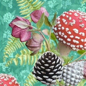 Scattered MUSHROOM Forest, Red White Toadstool, Pink Flowers, Green Ferns, Brown Acorns