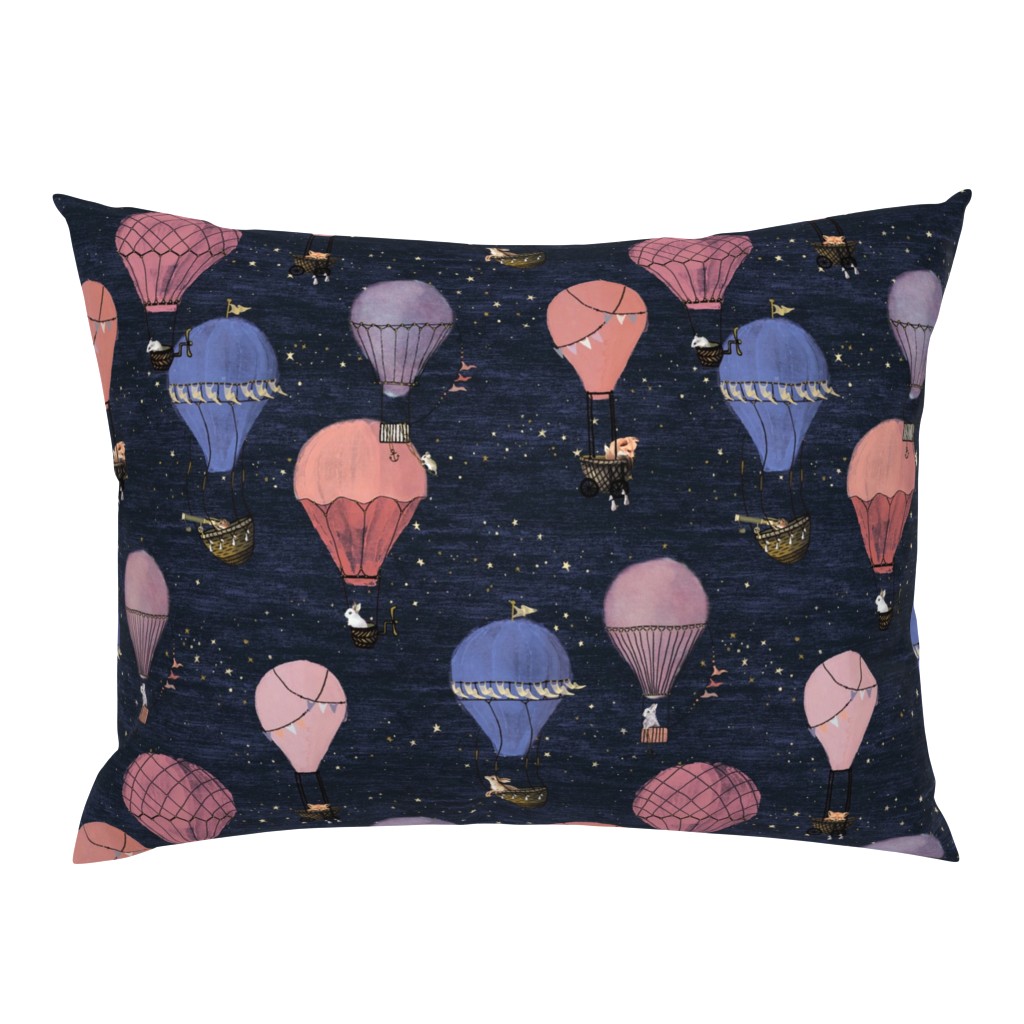 Woodland Animal Hot Air Balloon Drawing Night Adventure in pink and purple