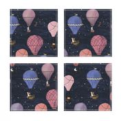 Woodland Animal Hot Air Balloon Drawing Night Adventure in pink and purple