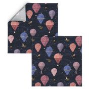 Woodland Animal Hot Air Balloon Drawing Night Adventure in pink and purple