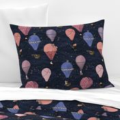 Woodland Animal Hot Air Balloon Drawing Night Adventure in pink and purple