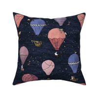 Woodland Animal Hot Air Balloon Drawing Night Adventure in pink and purple