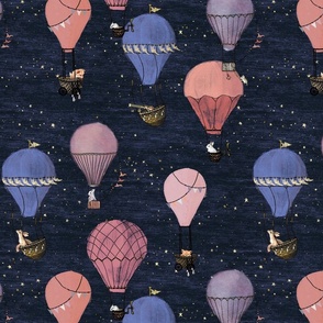 Woodland Animal Hot Air Balloon Drawing Night Adventure in pink and purple