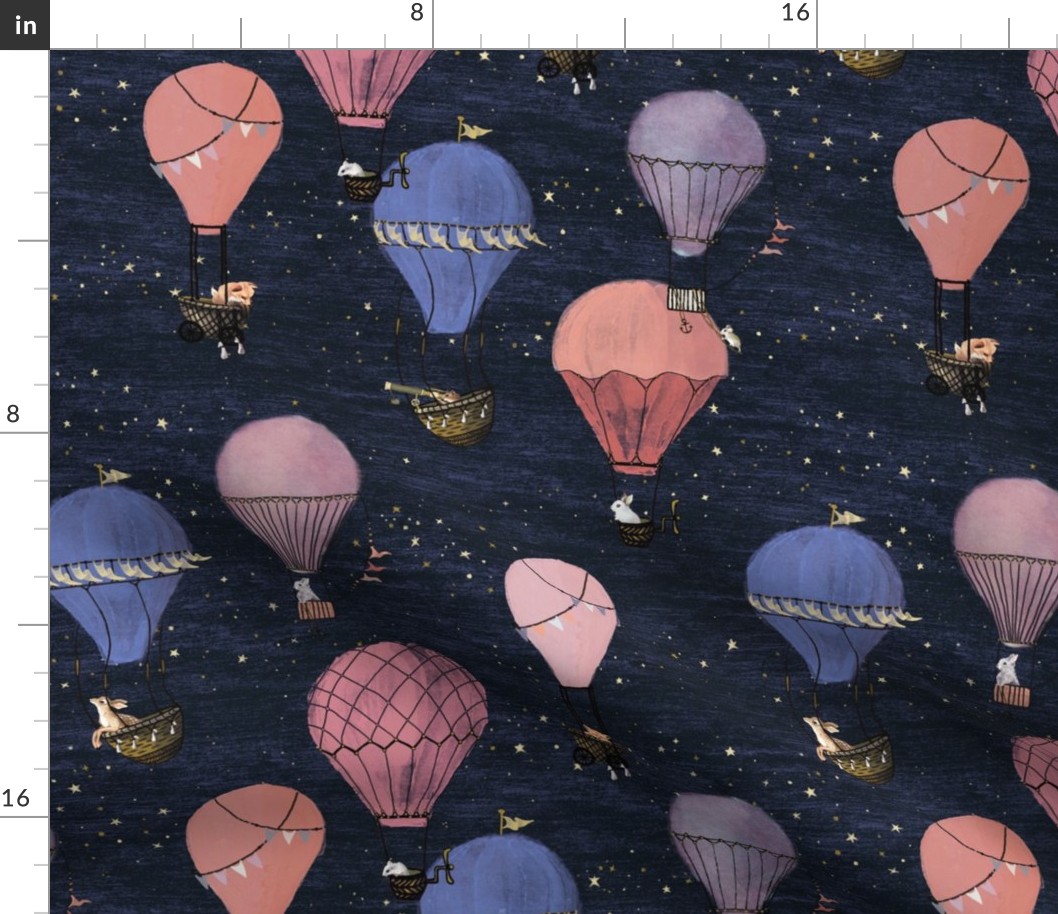 Woodland Animal Hot Air Balloon Drawing Night Adventure in pink and purple