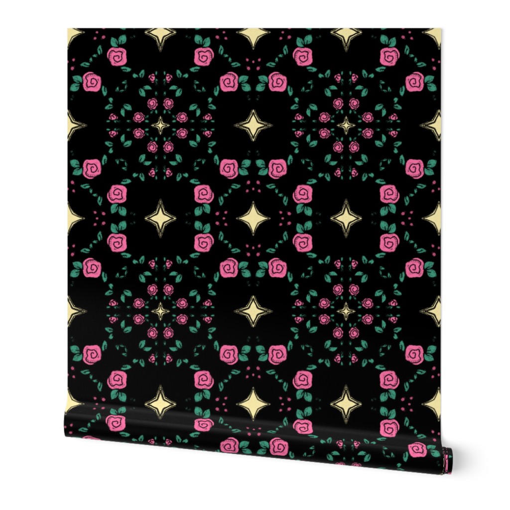 Pink Roses and Stars on Black