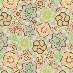 Kabuki Japanese Kimono Floral Medallions in Pastel Blush Pink Green Yellow Brown on Checkerboard - MEDIUM Scale - UnBlink Studio by Jackie Tahara