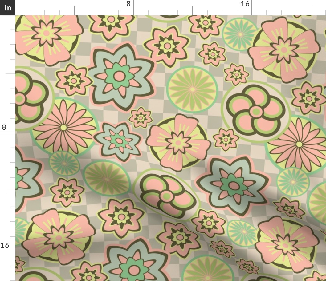 Kabuki Japanese Kimono Floral Medallions in Pastel Blush Pink Green Yellow Brown on Checkerboard - MEDIUM Scale - UnBlink Studio by Jackie Tahara