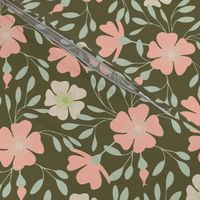 Sakura Japanese Spring Cherry Blossoms in Blush Pink Cream Light Green on Olive Brown - SMALL Scale - UnBlink Studio by Jackie Tahara