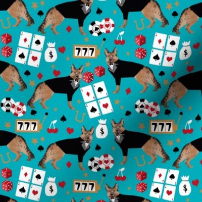 german shepherd casino fabric - dog fabric, german shepherd fabric, card game fabric, casino betting gambling fabric - teal