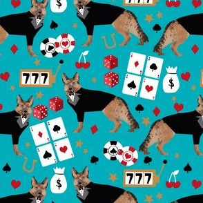 german shepherd casino fabric - dog fabric, german shepherd fabric, card game fabric, casino betting gambling fabric - teal