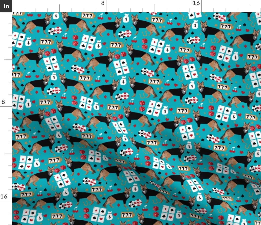 german shepherd casino fabric - dog fabric, german shepherd fabric, card game fabric, casino betting gambling fabric - teal