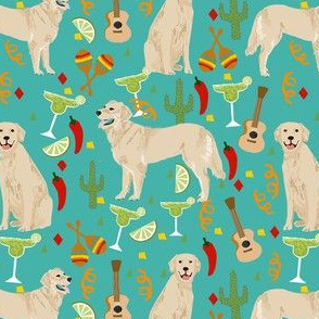 golden retriever fabric - fiesta fabric, margarita fabric, cinco de mayo fabric, celebration fabric, dog fabric -  tuquoise