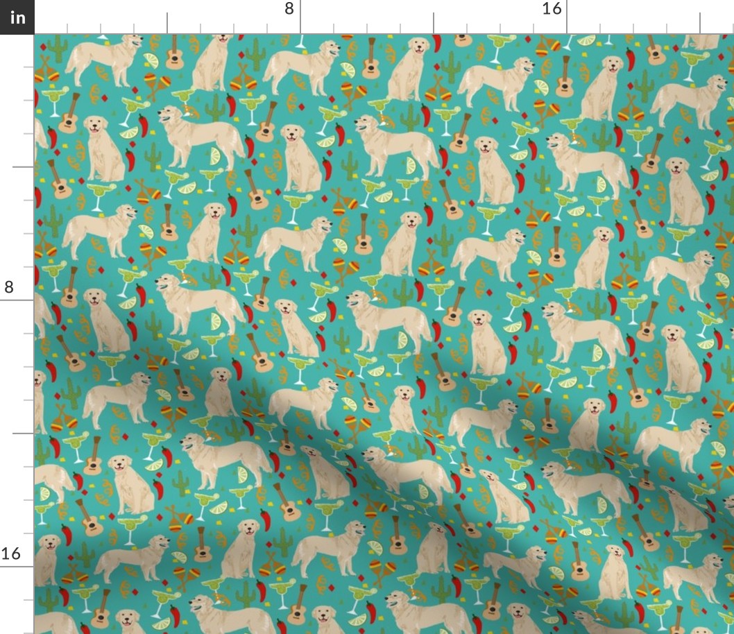 golden retriever fabric - fiesta fabric, margarita fabric, cinco de mayo fabric, celebration fabric, dog fabric -  tuquoise