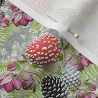 MUSHROOM Red and White Woodland Toadstool Scene, Brown Acorns, Pink Flowers, Green Ferns