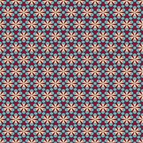Geometric Floral Pattern in Red Teal and Tan