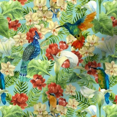 tropic flowers and birds on blue (small scale)