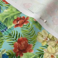 tropic flowers and birds on blue (small scale)