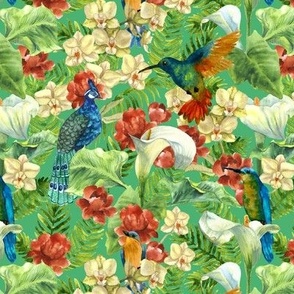 tropic flowers and birds on emerald green (small scale)