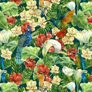 tropic flowers and birds on dark green (small scale)