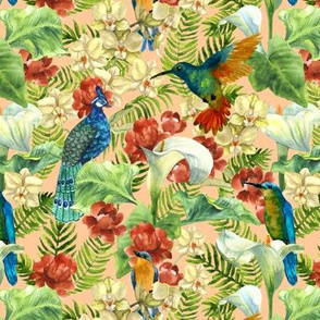 tropic flowers and birds on pink (small scale)