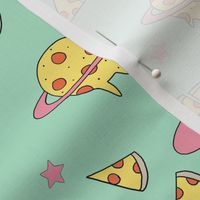 pizza planet fabric - pizza planet, pizza fabric, planet fabric, space fabric, cute kids fabric, novelty fabric - andrea lauren - mint