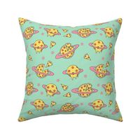 pizza planet fabric - pizza planet, pizza fabric, planet fabric, space fabric, cute kids fabric, novelty fabric - andrea lauren - mint