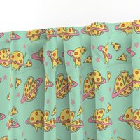 pizza planet fabric - pizza planet, pizza fabric, planet fabric, space fabric, cute kids fabric, novelty fabric - andrea lauren - mint